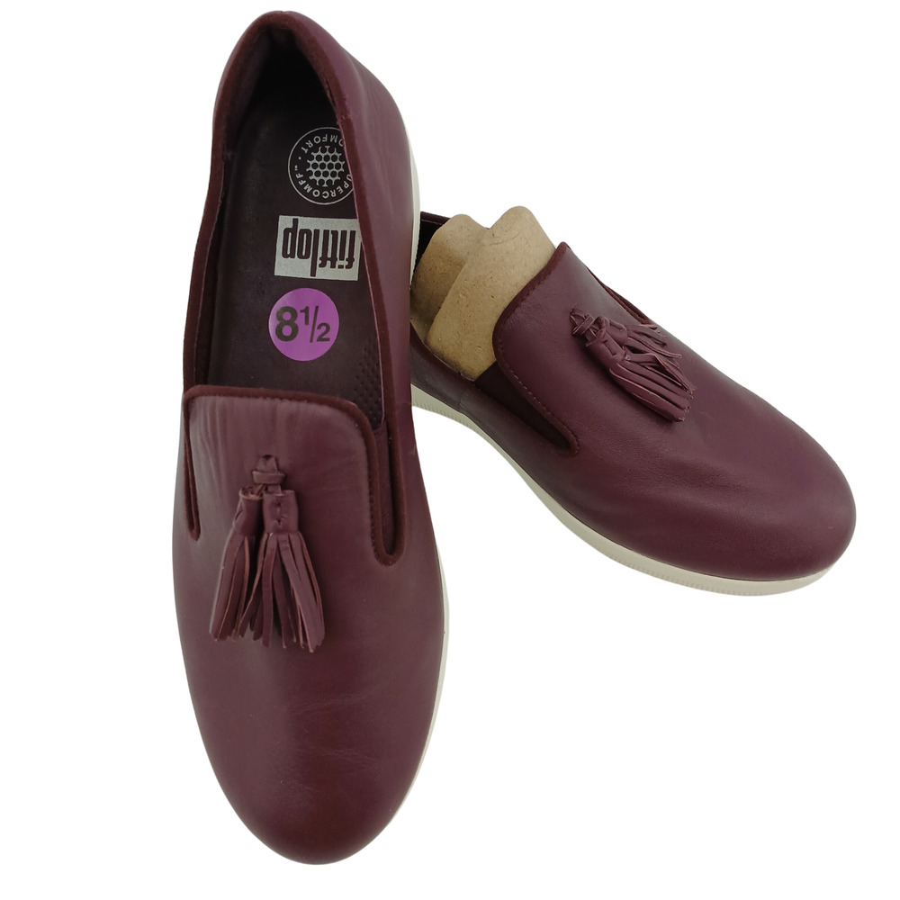 Fitflop Womens Superskate Tassel Loafer Sz 8 1/2 Deep Plum Leather Toning Shoes